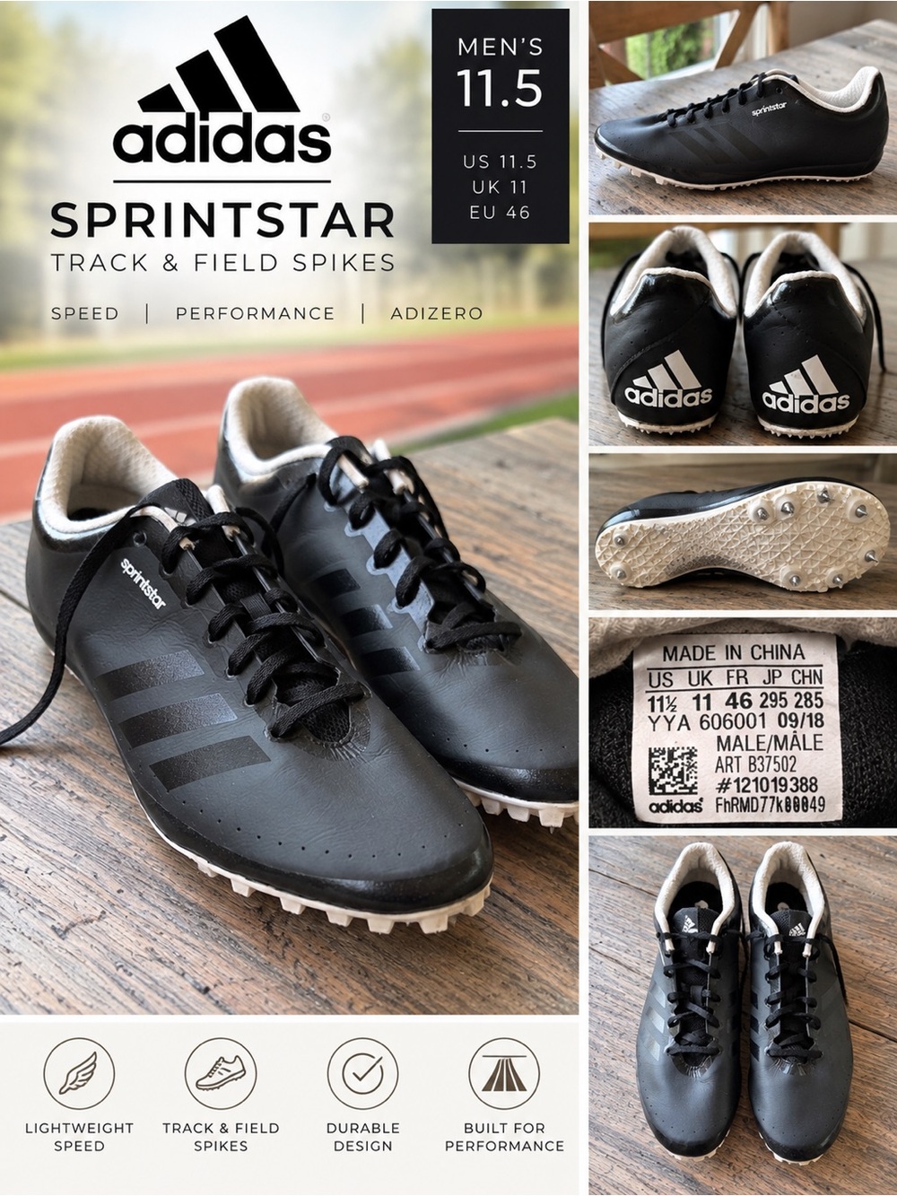 Adidas Sprintstar Men’s 11.5 Track & Field Sprint Spikes Black B37502